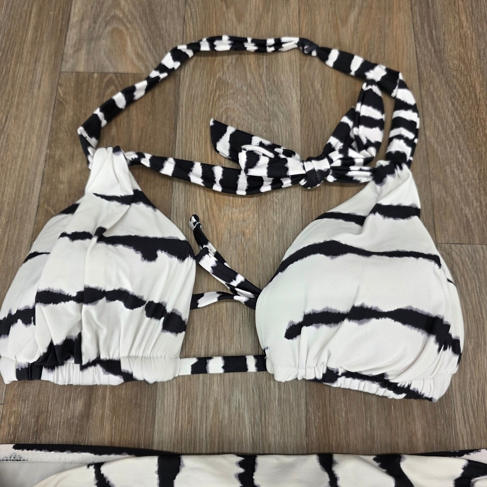 La Blanca Zebra Print Bikini Set Black White Halter Triangle Top Side Tie Bottom - Picture 3 of 13